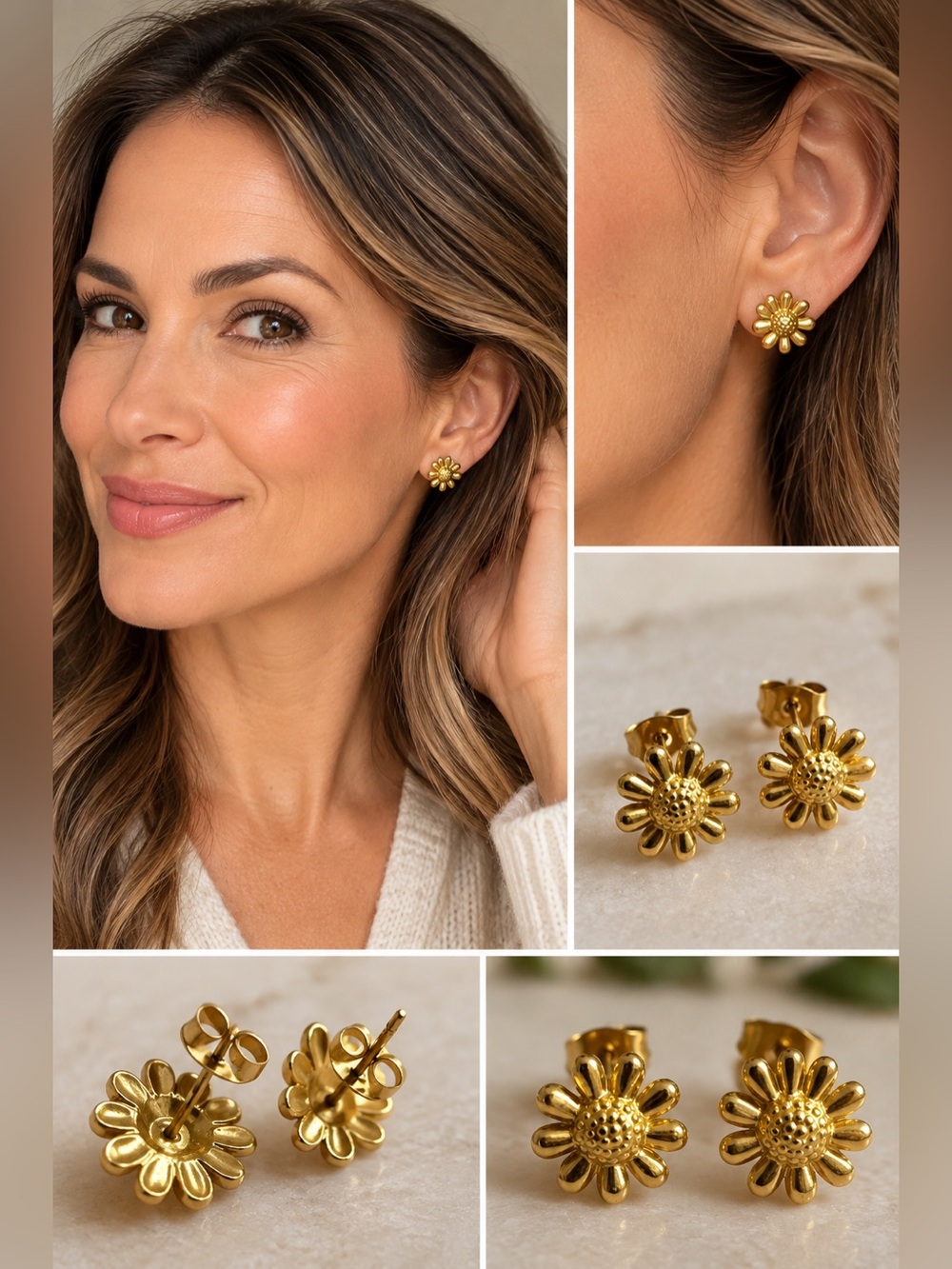 Gold Tone Daisy Flower Stud Earrings Floral Botanical